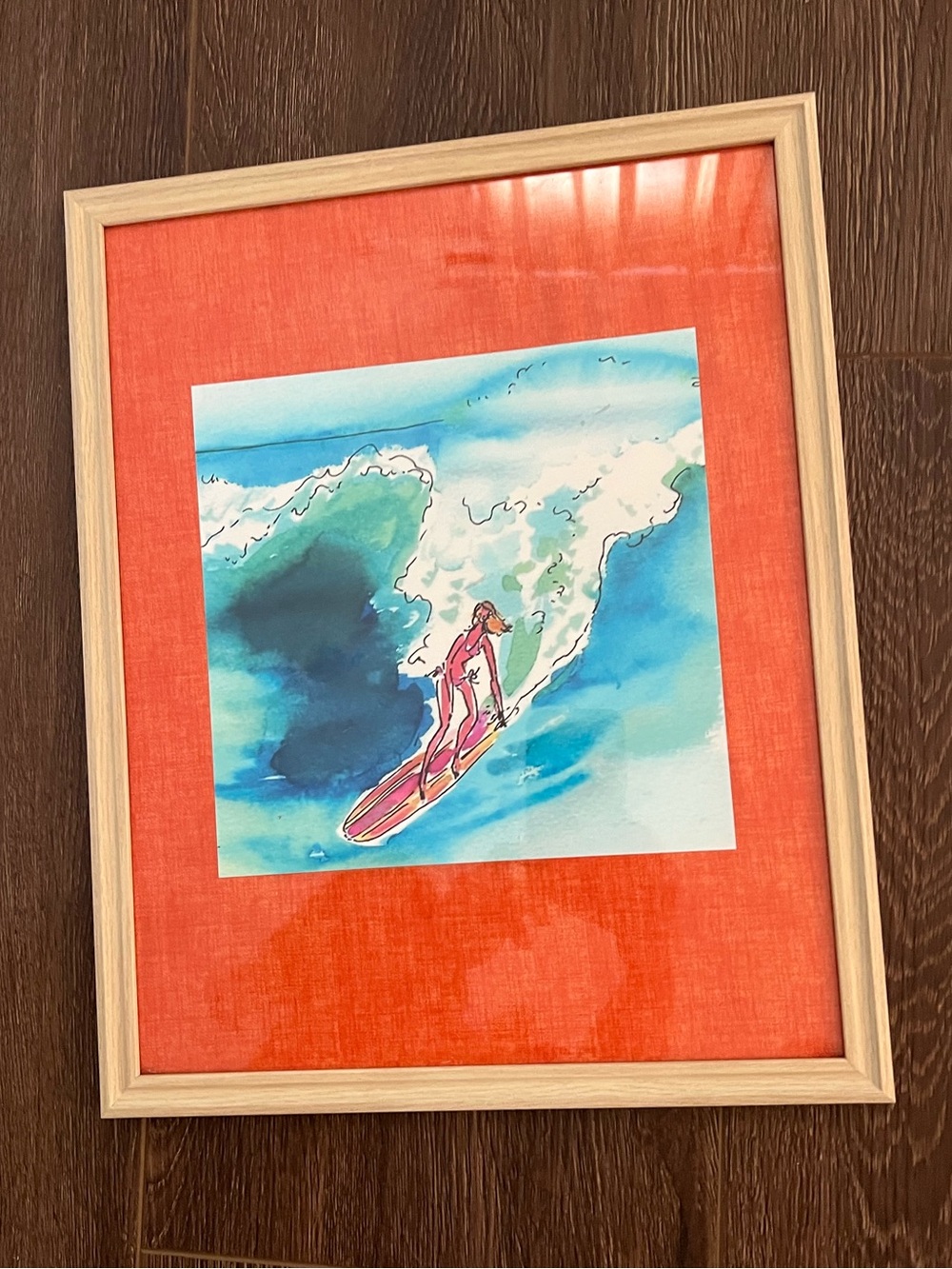 Framed Surfing Wave Art Print in Orange Mat